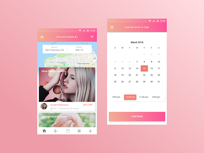 Salon Booking App android app booking calendar gradient hair location makeup map pink salon ui ux