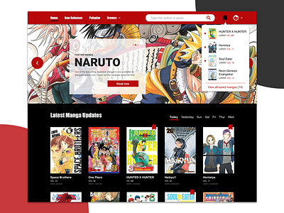 Home Page - Dropdown Menu for Saved Mangas design dropdown menu manga online reading experience sketch ui ui challenge ux web