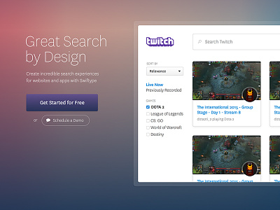 Landing Page faceted search gradient national purple search swiftype twitch