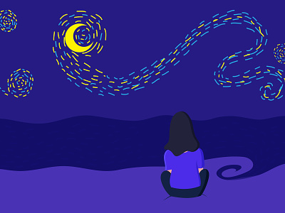 Starry night girl illustration moon sea sketch starry night vector art