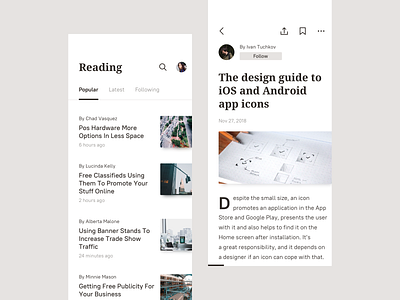 Reading app application article blog bookmark cover detailed page interface list news photo read reading share tab bar text write writing