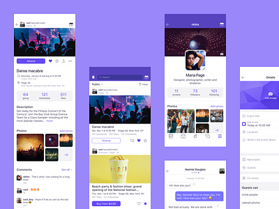 Events app app application card chat creating description event feed form interaction interface message mobile profile rsvp social stats
