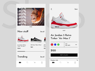 Sneakers shop app application banner basket brutalism brutalist cards concept interface list mobile sale shop slider sneaker