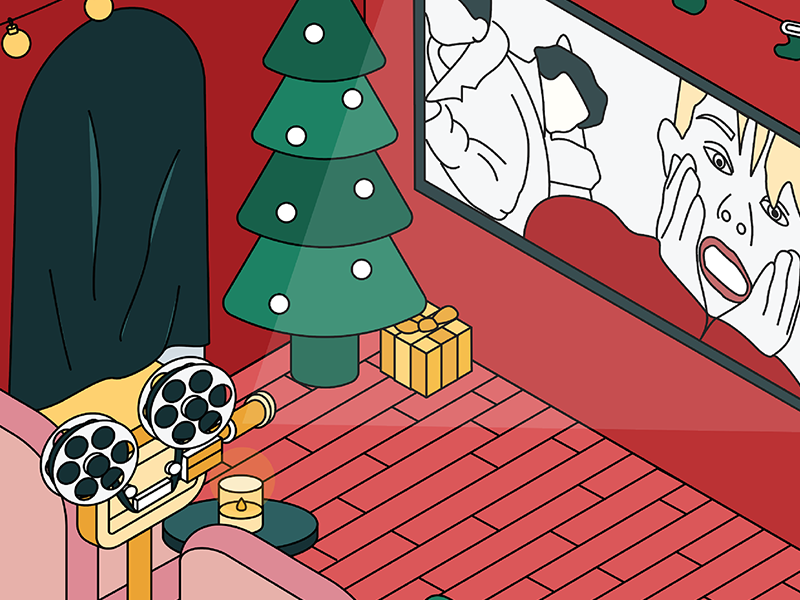HOLIDAY SPEC-TACULAR movie theatre home alone christmas holiday building colorful isometric