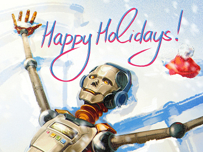 Happy Holidays! christmas drawing illustration robot snow