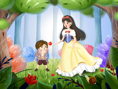 Snow White and apple apple child fairy tale forest illustration lawn queen snow white