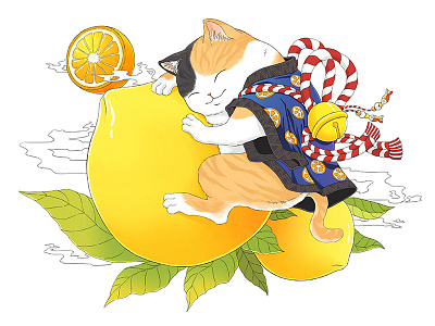 yellow peach&cat cat illustration