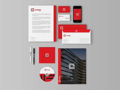 Sanghvi Logo Stationery By Akhtarkhan architect architecture box branding brandmark building corporate creative creative design idbc identity identity branding logo real estate red square stationery stationery design