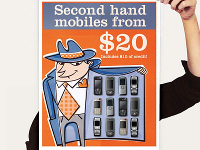 Second Hand Mobiles advert cartoon illustration ink dots poster print retro