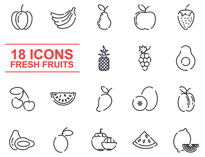 fresh fruit set icon template apple apricot avocado banana citrus food fruit health icon kiwi lime line nutrition outline peach pear raspberry set stroke vector