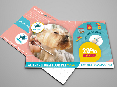 Pet Grooming Salon Postcard Template animal animal hotel animals care cat clean creative dog flyer grooming hair cut haircut health home animals medical nail trimming patient pet pet animal pet care
