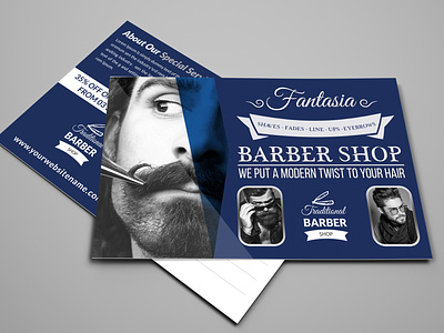 Barber Shop Postcard Template appointments barber barber shop barbering beauty center blue clippers fades hair hair cuts hair cutting hair styles haircuts leaflet professional services red roll up salon scissors shaving