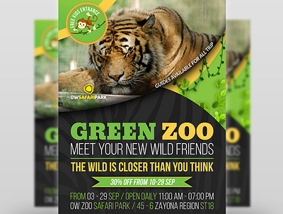 Zoo Safari Flyer Template ad adventure advert africa african animal animals conservation dark event fauna flora flyer holiday jungle kenya leaflet lion park safari