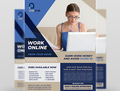 Work Online Flyer Template advert business certificate company corona virus coronavirus covid 19 creative crew cv design employee hire hire me hiring idea interview job leaflet manager