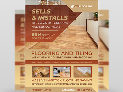 Flooring and Tiling Flyer Template carpet carpeting company construction decor floor flooring flyer handyman hardwood home repair installation kitchen laminate leaflet magazine pamphlet poster services small