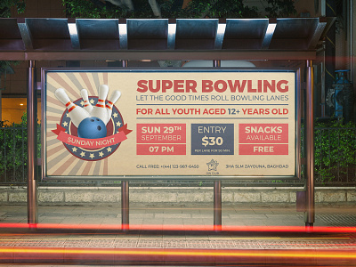 Bowling Billboard Template banner bowling bowling flyer bowling match bowling night bowling tournament classic event game guuver illustration match old poster psd retro template tournament vector vintage