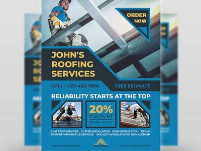 Roofing Services Flyer Template ad advert company consulting contractor damage fix flyer handyman home house inspection leaflet leak leaks pamphlet plumbing post poster re roofing