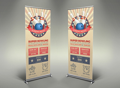 Bowling Signage Banner Roll Up Template banner bowling bowling flyer bowling match bowling night bowling tournament classic event game guuver illustration match old poster psd retro template tournament vector vintage