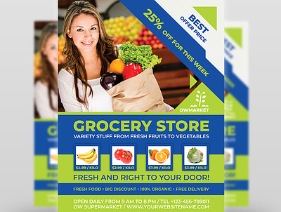 Grocery Store Flyer Template biologic business company delivery discount discounts distribution farmers market fast food food fresh fruit green groceries local store market organic poster promotion