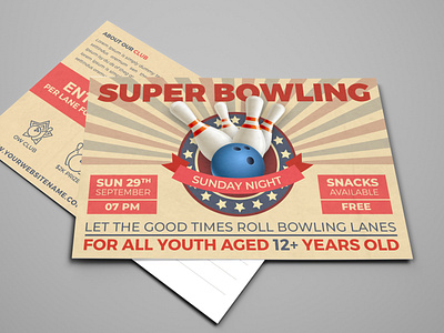 Bowling Postcard Template ball bowling bowling flyer bowling match bowling night bowling tournament card championship charity classic club community competition dirty events free game grunge guuver illustration