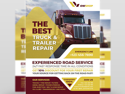 Truck and Trailer Repair Services Flyer Template car car flyer car maintenance car service car tires diagnostic diesel engine flat tire maintenance oil change puncher repair road services services tires tires shop towing trailer truck