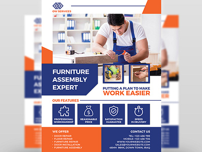 Furniture Assembly Services Flyer Template assembling assembly box carpenter closet construction craftsman domestic drill flat furniture hammer handyman home house install installation leaflet maker making