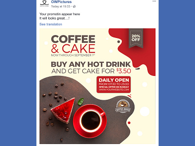 Coffee and Cake Social Media Templates bakery bar beverage bistro cafe cake cake shop chocolate coffee coffee shops cup cupcake delicious design dessert drink facebook fast food food instgram