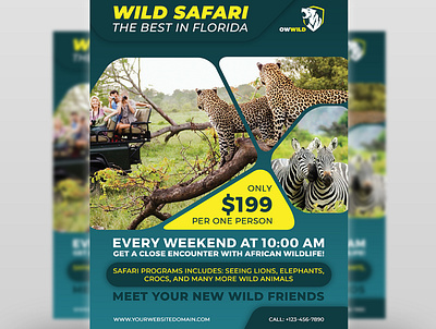 Wildlife Safari Flyer Templates adventure advert africa african car conservation elephants event fauna flora holiday kenya land rover leaflet lion night pamphlet poster safari sightseeing