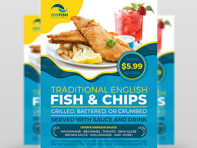 Fish and Chips Restaurant Flyer Template fish fish n chips food food flyer food menu london magazine magazine ad menu menu flyer menu template post poster restaurant restaurant flyer restaurant menu sea seafood flyer seafood menu shrimp