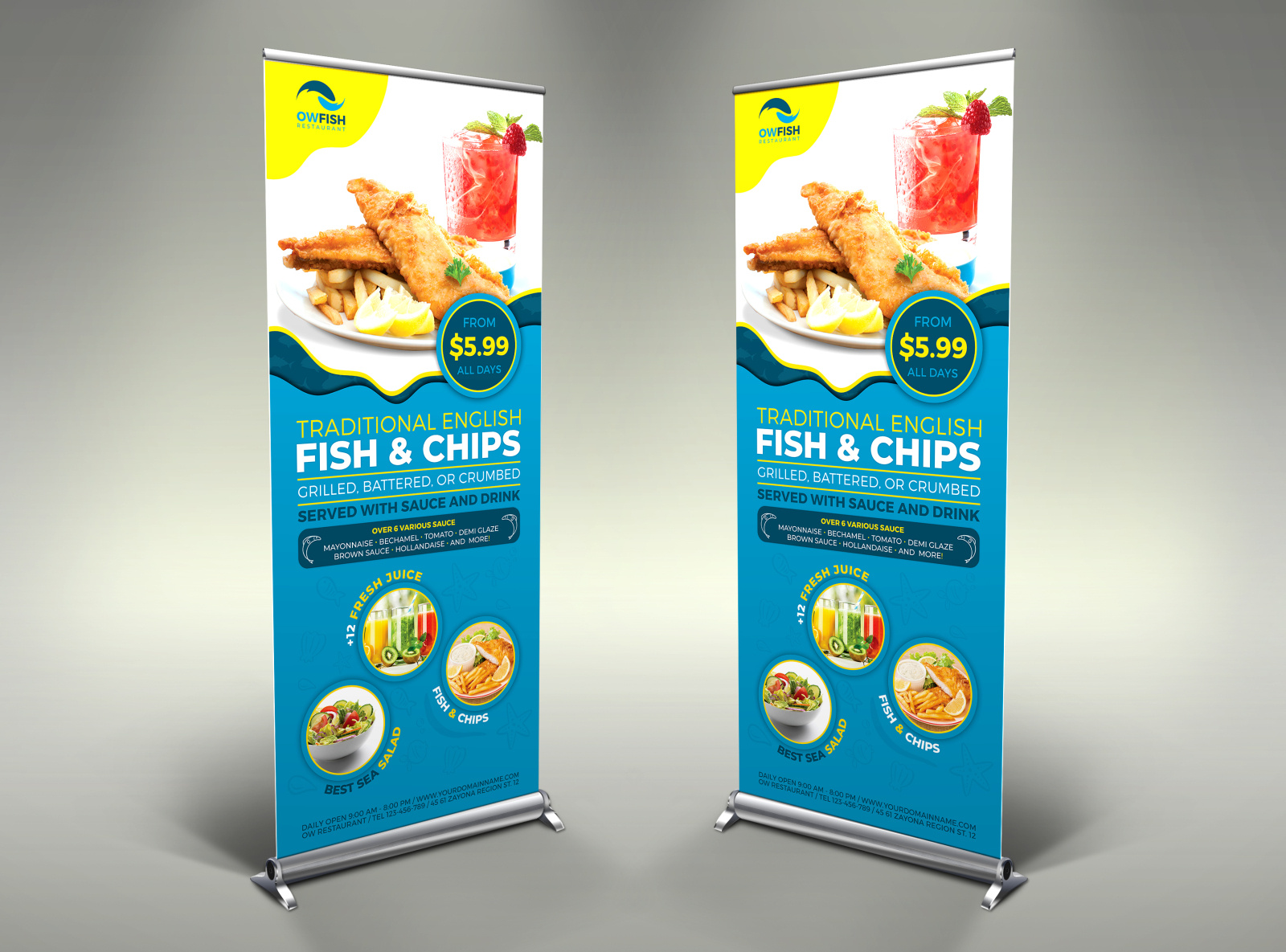 Fish and Chips Restaurant Signage Banner Roll Up Template by In Outdoor Banner Design Templates