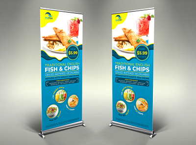 Fish and Chips Restaurant Signage Banner Roll Up Template catering crab fish fish n chips food food flyer food menu london magazine magazine ad menu menu flyer menu template post poster restaurant restaurant flyer restaurant menu sea seafood flyer