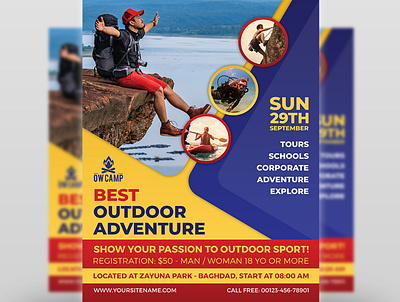 Outdoor Adventure Flyer Template adventure aggressive backpack blue camping climbing expeditions extreme extreme sports flyer green hiking hill climbing hunting jungle mountain mountain sports mountaineering outdoor