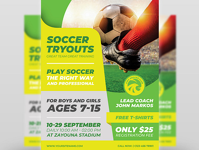 Soccer Tryouts Flyer Template academy ball business camp corporate design flyer game green illustration leaflet poster soccer sport team training