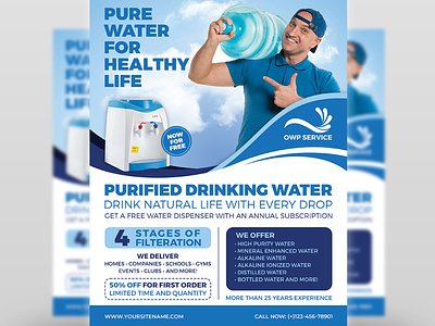 Drinking Water Services Flyer Template business corporate design drinking water flyer food illustration leaflet poster water bottle water delivery water dispenser water services water technology water treatment