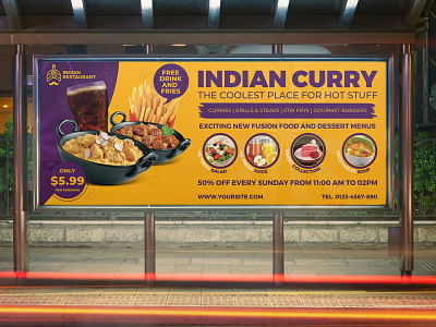 Indian Curry Restaurant Billboard Template business corporate curry design drink flyer food hot illustration india indian food indian restaurant leaflet logo meal poster restaurant ui