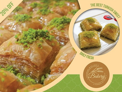 Baklava Flyer Template arabic sweet baklava baklawa basbousa black cake coffee coffee shop cupcake decorative design dessert falafel food green ice cream kataifi kebab sweet turkish