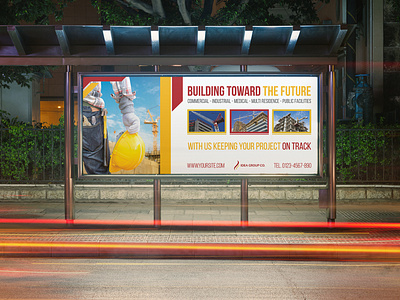 Construction Business Billboard Template construction conveyance cost effective domestic export fast forwarding freight global import industrial brochure international leaflet ocean reliable service shipping square transfer transport