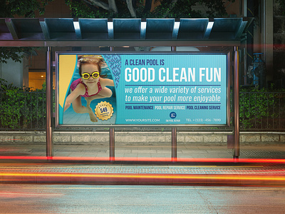 Swimming Pool Cleaning Service Billboard Template band beach blue clean event fitness flyer fun gym home leaflet maintenance palm party pool pool party post sea service splash
