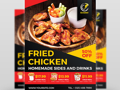 Fried Chicken Restaurant Flyer Template bar broasted chicken burger chicken chicken restaurant coffee design dessert drink fast food free use fried fries leaflet meal meat menu menu design pizza post