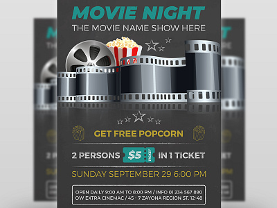 Movie Night Movie Time Flyer Template cinema family movie film free movie movie night party party flyer popcorn show ticket