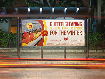 Gutter Cleaning Services Billboard Template autumn blocked blocking business clean cleaner clogged company fitting flyer gutter gutters home house installation leaflet machine maintenance winter