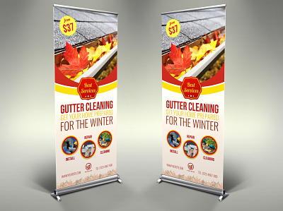 Gutter Cleaning Services Signage Banner Roll Up Template autumn blocked blocking business clean cleaner clogged company fitting flyer gutter gutters home house installation leaflet machine maintenance pamphlet protection system