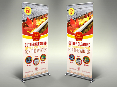 Gutter Cleaning Services Signage Banner Roll Up Template autumn blocked blocking business clean cleaner clogged company fitting flyer gutter gutters home house installation leaflet machine maintenance pamphlet protection system