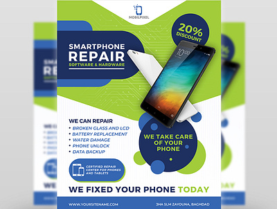 Smartphone Repair Service Flyer Template battery broken cellular damaged display electronic electronics fast fix flyer ipad mobile pad phone provides quick repair service smartphone smartphone repair