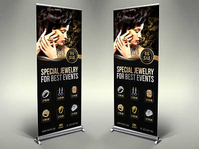 Jewelry Signage Roll Up Banner Template ad advert advertisement bracelet commerce craft crafts design diamond diamonds earring flyer gemstone gold holiday jeweler jewellery magazine mall necklace