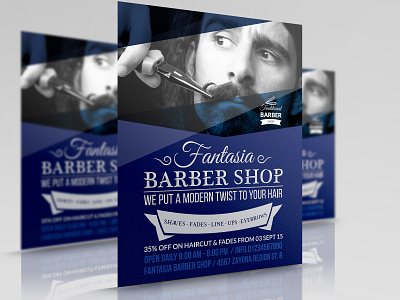 Barber Shop Flyer Template barber barber shop barbering beauty center blue clippers fades hair hair cuts hair cutting hair styles haircuts leaflet professional services red salon scissors shaving trimmers twist