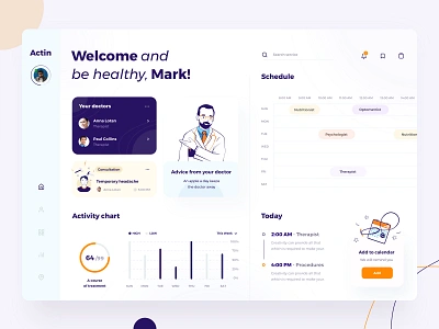 Actin medic UX/UI dashboard design calendar ui chart charts dashboard day days design doctor graphic graphics graphs illustration illustrations illustrator logo orange therapist today ui ux