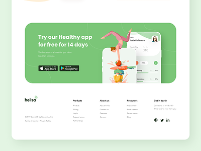 The Heilsa product page footer design android design footer footer design green health illustration ios landing landing page design mobile ui ux web webdesign