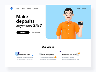 The Banky home page design interaction 3d 3dguy black card cinema 4d cinema4d creditcard deposit glasses hand hands homepage design interaction landing learn more motion design payment ui ux web
