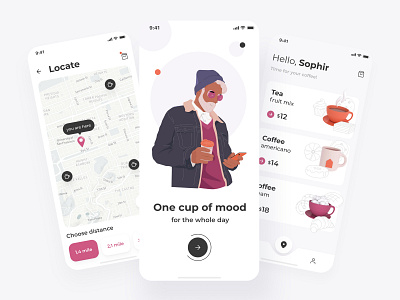 Coffee meet mobile application design with illustration android app application buy coffee coffee cup design distance hot illustration ios location mobile mobile app design mood naigation screens shopping ui ux